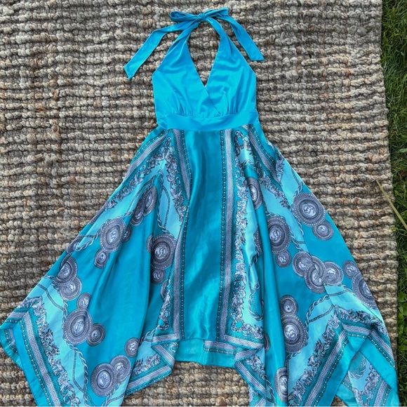 Y2K Boho Fairy Handkerchief Hem silky patterned halter dress Sz L - Picture 6 of 12